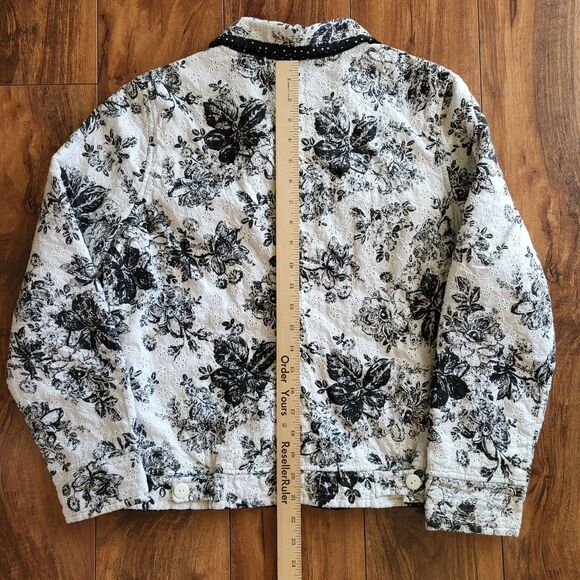Reversible Quilted Jacket Womens Black White Floral Polka Dot Button Front Med - Picture 10 of 12